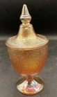 Vtg Jeanette Carnival Crackle Marigold Footed Candy Dish w/lid