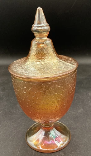Vtg Jeanette Carnival Crackle Marigold Footed Candy Dish w/lid