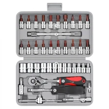 Ratchet Screwdriver Bit Set with Compact Handle and Multiple Drive Types