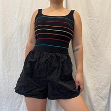 Vintage Gabar 80s Rainbow Stripe Swim Romper One Piece Black Size 10 Fits Small