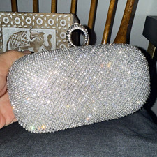 Silver Beaded Rhinestone Crystal Hardcase Clutch Evening Bag with Ring Handle