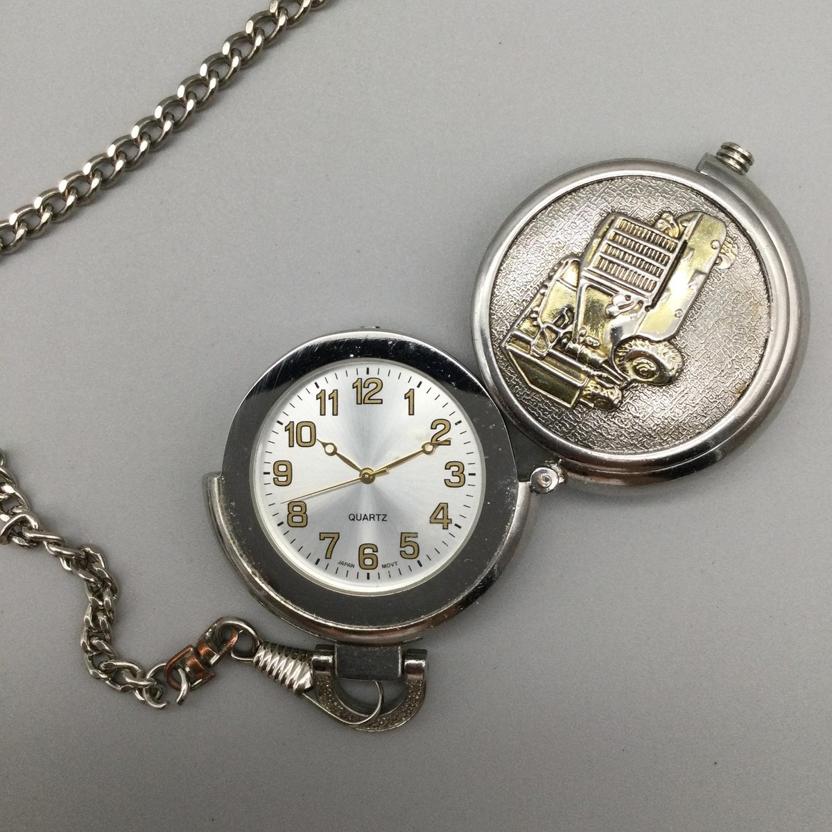 Truck Pocket Watch Men 49mm Silver Tone Semi Tractor Hunter Chain