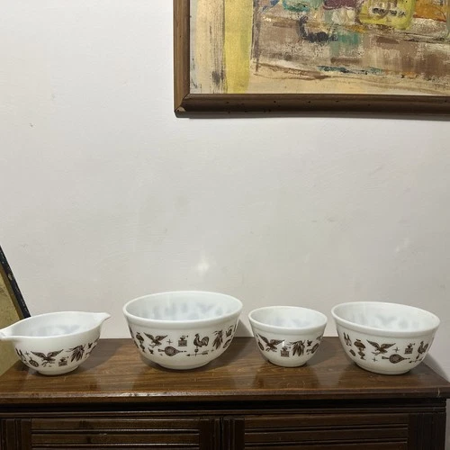 Vintage Pyrex Early American Pattern Nesting Set of 4 Mixing Bowls 401 402 403