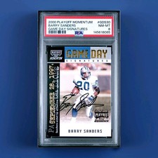 BARRY SANDERS (Auto /75) 🏈 2000 PLAYOFF MOMENTUM-GAME DAY SIGNATURES 🏈 PSA 8 