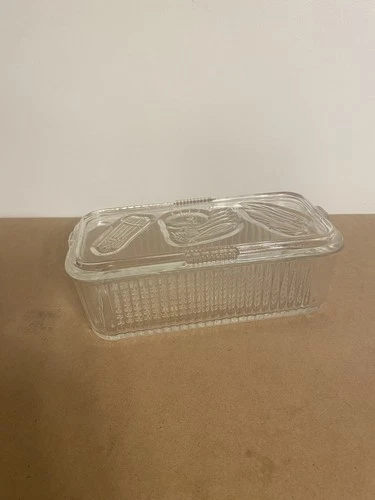 Vintage Federal Glass Clear Ribbed Rectangular Refrigerator Dish With Lid