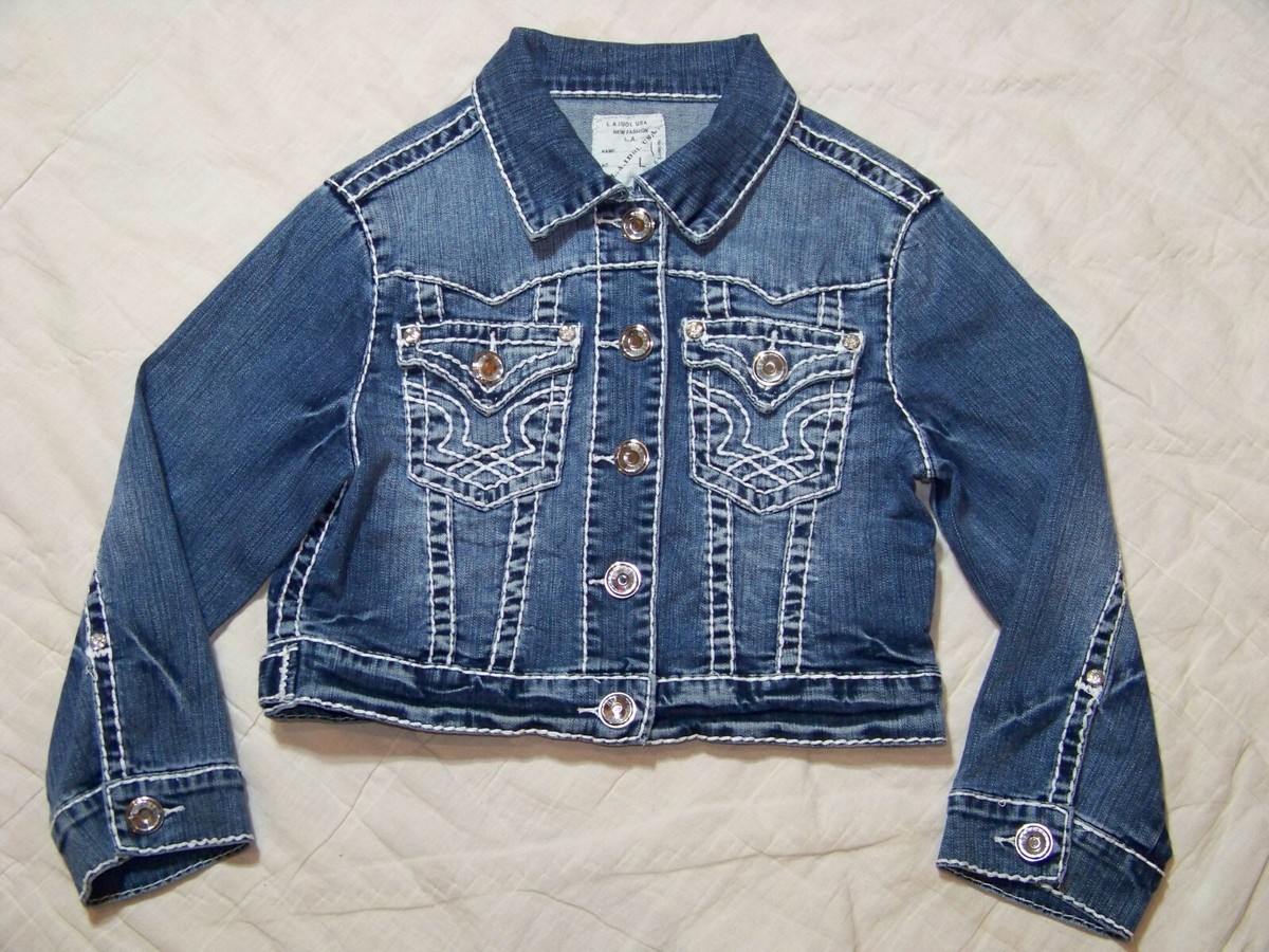L.A.Idol Cropped Denim Jacket with Rhinestone Buttons - Jrs L.A.Idol Cropped Denim Jacket with Rhinestone Buttons - Jrs