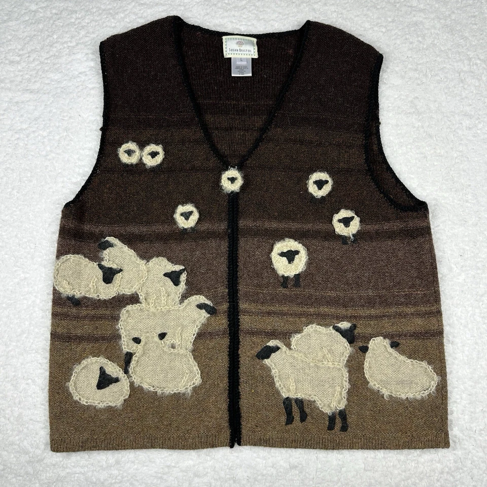 VTG 1999 Susan Bristol Sheep Sweater Vest Shetland Wool Large Brown Lambs *Holes - Image 2 of 4