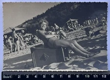 Vintage Photo Cute Beautiful Woman Girl Bikini Swimsuit On The Beach, long legs