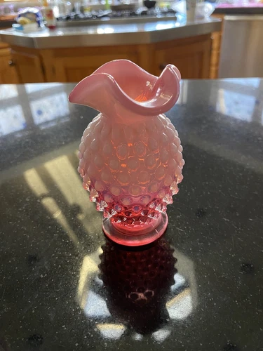 VINTAGE Fenton Cranberry Opalescent Glass Small Vase Tri Lobe Rim 4"H