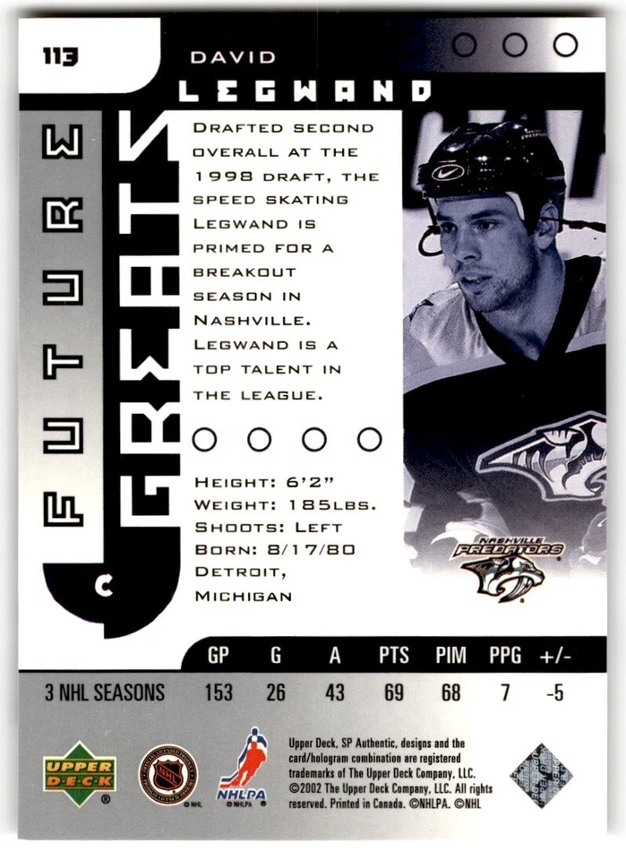 David Legwand 2001-02 SP Authentic Future Greats /3500 #113 Nashville Predators - Image 2 of 2