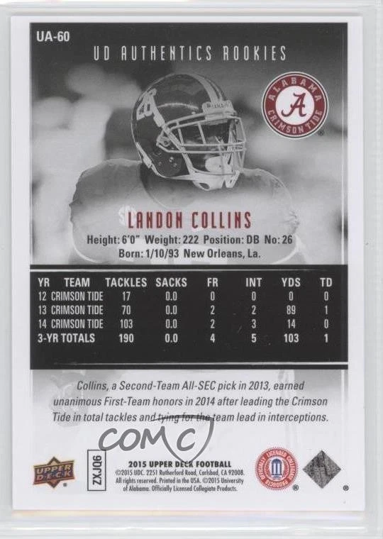2015 Upper Deck UD Authentics Rookies /500 Landon Collins #UA-60 RC - Image 2 of 2