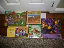 Lot of 5 - 275-304 pc Jigsaw Puzzles -Summer Fall Landscapes-Cats-Birds-Flowers