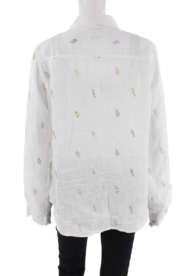 Camisa Lilly Pulitzer para mujer de lino concha marina abotonada blanca dorada talla mediana Foto 4 de 4