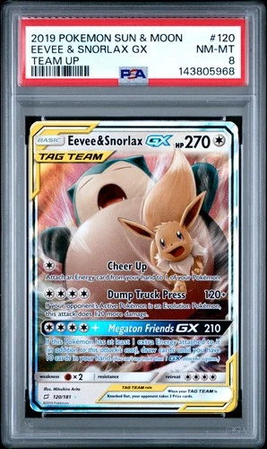 2019 POKEMON SUN & MOON TEAM UP #120 EEVEE & SNORLAX GX PSA 8