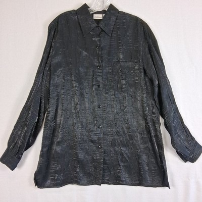 Modern Essentials Womens Textured Black Satin Button Front Shirt Large Shimmer