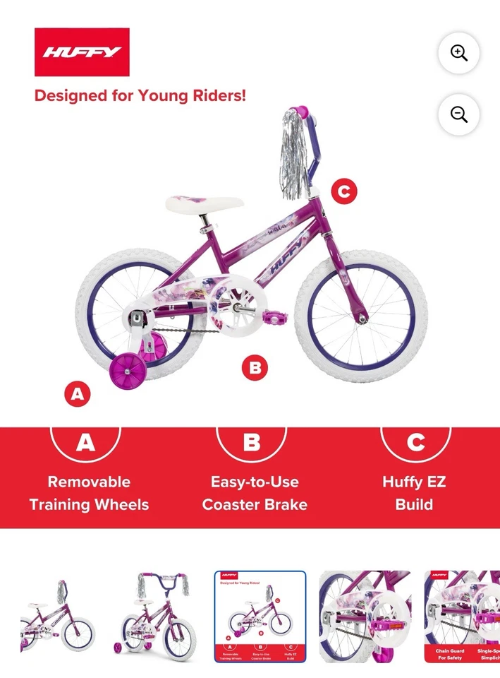 Bicicleta Sea Star de 16 pulgadas para niñas Huffy para niños con ruedas de entrenamiento edades 4+ púrpura Foto 3 de 4
