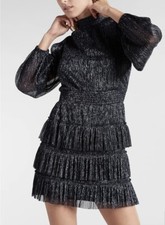 NWT Express Metallic Smocked Mock Neck Tiered Ruffle Dress Navy Blue Small $88