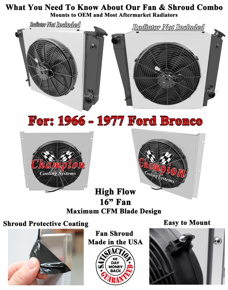 KR Champion Fan Shroud W/ 16" Fan for 1966 - 1977 Ford Bronco V8 Engine - Imagem 3 de 4