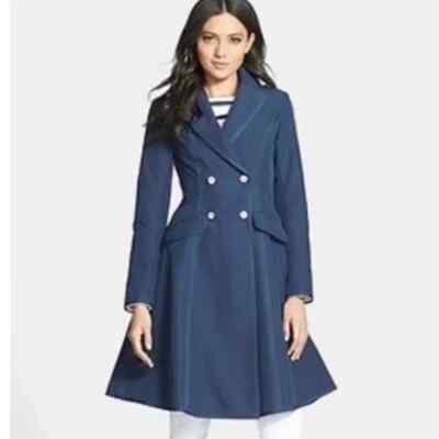 SJP Sarah Jessica Parker Navy Manhattan Piped Skirted Trench Coat Womens Size 14