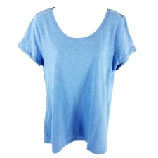 Talbots Size Medium Cotton Modal Short Sleeve Blouse Top Blue Button Detail