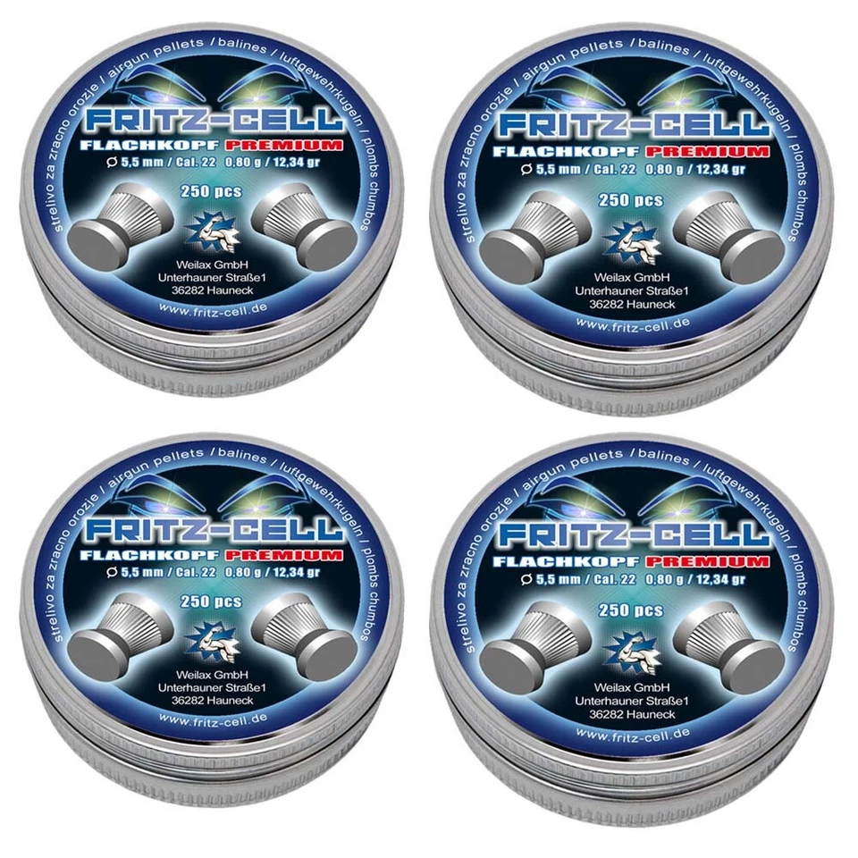 4 x Fritz Cell Flachkopf Premium 5,5 mm Diabolos für Luftgewehr, Luftpistole