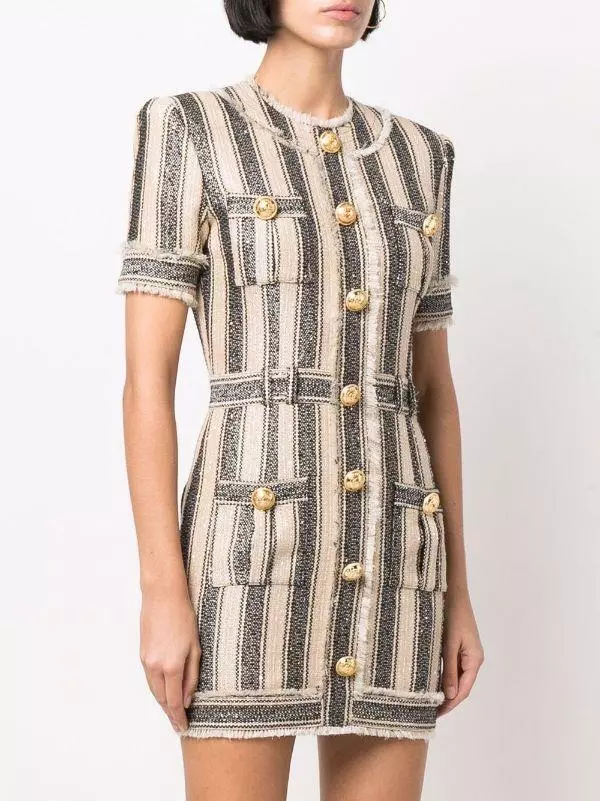 BALMAIN Ecru/Black Striped Pique Slv Dress F 36/US 4 $3,250 eBay