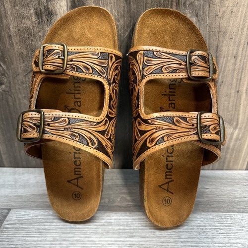 American Darling BUCKLE SLIDE Tooled Leather Cowgirl Hippie Sandals Sz 10 No Tag