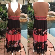 ROBBIE BEE Women’s Dress Sz 8 Black Orange Floral V Neck Wrap Bust Floral
