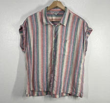 Orvis Linen Blend Button Up Shirt Striped Cap Sleeve Casual Top Large Boxy Fit