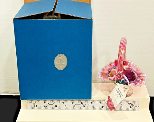 VTG Fenton Inverted Strawberry Basket Plum Opalescent Carnival signed; 1994; Box