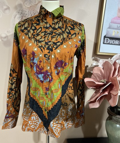 Etro Retro Multicolor Long Sleeve Cotton Pattern Blouse Shirt Size 46 Fits M