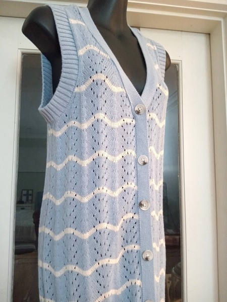 GRAB Denim EYELET Knit DRESS (10, S) Maxi BUTTON Front WAVY Stripe PREPPY Vest