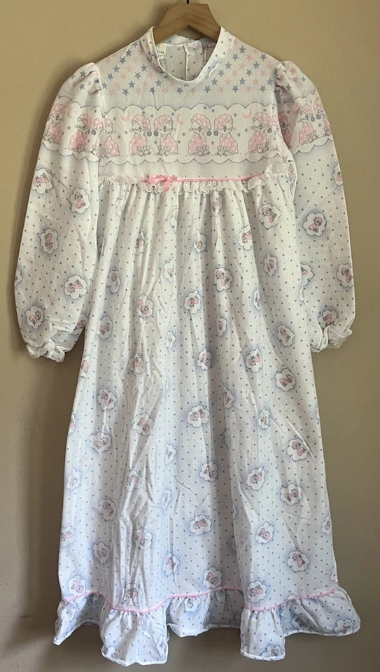Vintage Tom Girl Nightgown Gown Flannel Cat Cloud White Girls Size 14 - Image 2 of 4