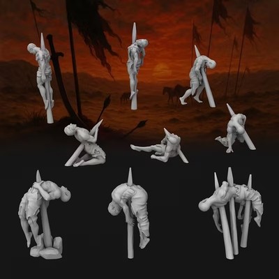 9x Hinrichtungs-Opfer Miniaturen an Pfählen | D&D Tabletop Terrain | Unbemalt
