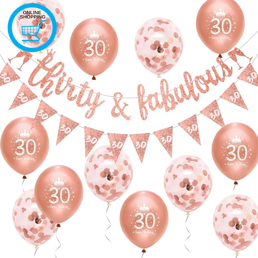 Women 30Th Birthday Decorations Rose Gold Glitter Thirty & Fabulous Banner Ballo