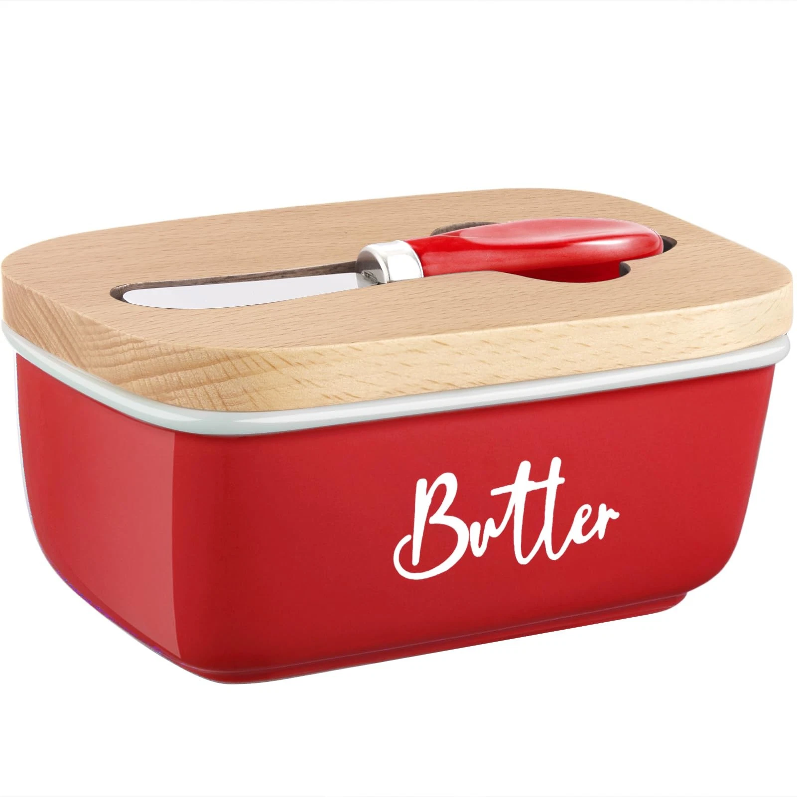 Red Butter Dish with Lid and for Countertop, Ceramic Butter Container with Be...