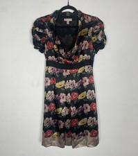 Ted Baker Black Multicolour Floral Print 100% Silk Tea Dress Size 3 UK 12 Bow