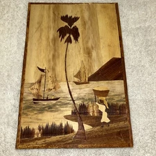 Vintage Polynesian or Indian folk art created using Wood inlay Marquetry scenery