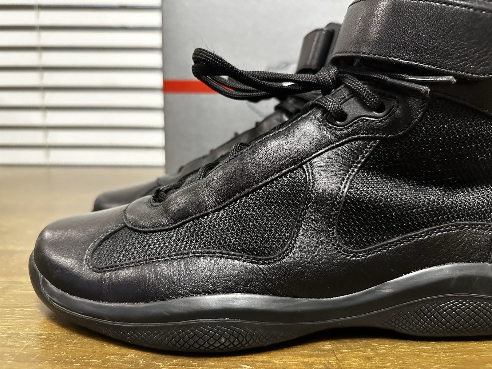 Prada America’s Cup High Top Black Leather And Mesh Sneakers Size 10 image 10
