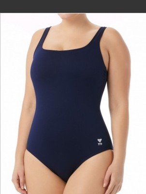 TYR Women's Durafast Elite Solid Navy Scoop Neck Control Fit Swim Sz 16 New