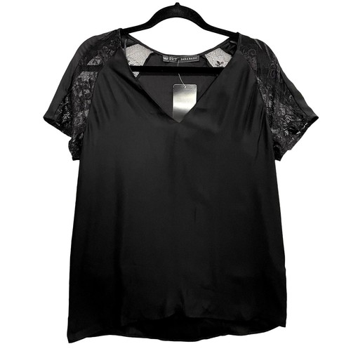 ZARA Basic Size XS Top Black Lace Short Sleeve V-Neck NWT Relaxed Fit Blouse