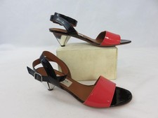 New Lanvin Pink Black Leather Sandals With Silver Diamond Shaped 2" Heel SZ 40