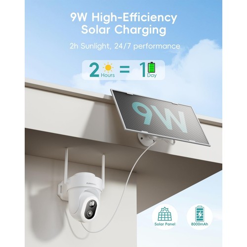 ZUMIMALL 9W Telecamere di Sicurezza Solari Wireless da Esterno, Telecamere di Registrazione AOV 24/7 - Foto 3 di 9