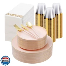 350 Pieces Pink Gold Plastic Dinnerware Set, Gold Disposable Plates for Party