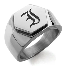 Stainless Steel Old English Monogram Letter I Mens Hexagon Crest Signet Ring