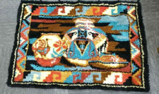 Vtg SOUTHWESTERN Handmade LATCH HOOK RUG HANGS has Pots and Vessels Black Trim