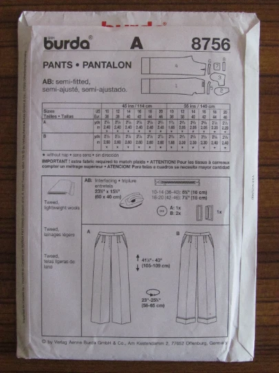 BURDA PATTERN - 8756 LADIES STRAIGHT LEGGED PANTS FRONT PLEAT CUFFS 8-18 UNCUT - Image 2 of 2