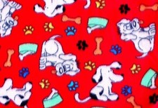 BTY WHITE DOGS WITH DISHES, BONES PAW PRINTS ON RED FLEECE FABRIC 60x36"