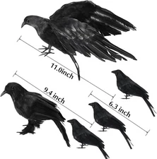 5Pack Halloween Crow Decorations Handmade Realistic Black Feathered Lifesize Fly
