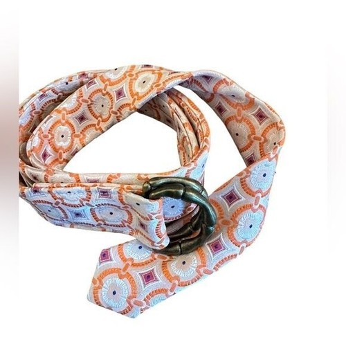 J Crew 100% Silk Retro Medallion Print Belt Orange Pink Bohemian Hippie Sz M/L